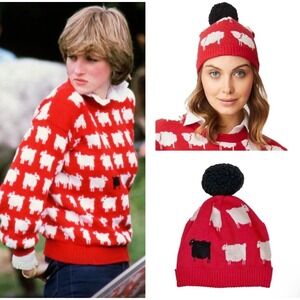 Parkhurst  Beanie Women OS Red Black Sheep Princess Diana Royal Core Pom Hat
